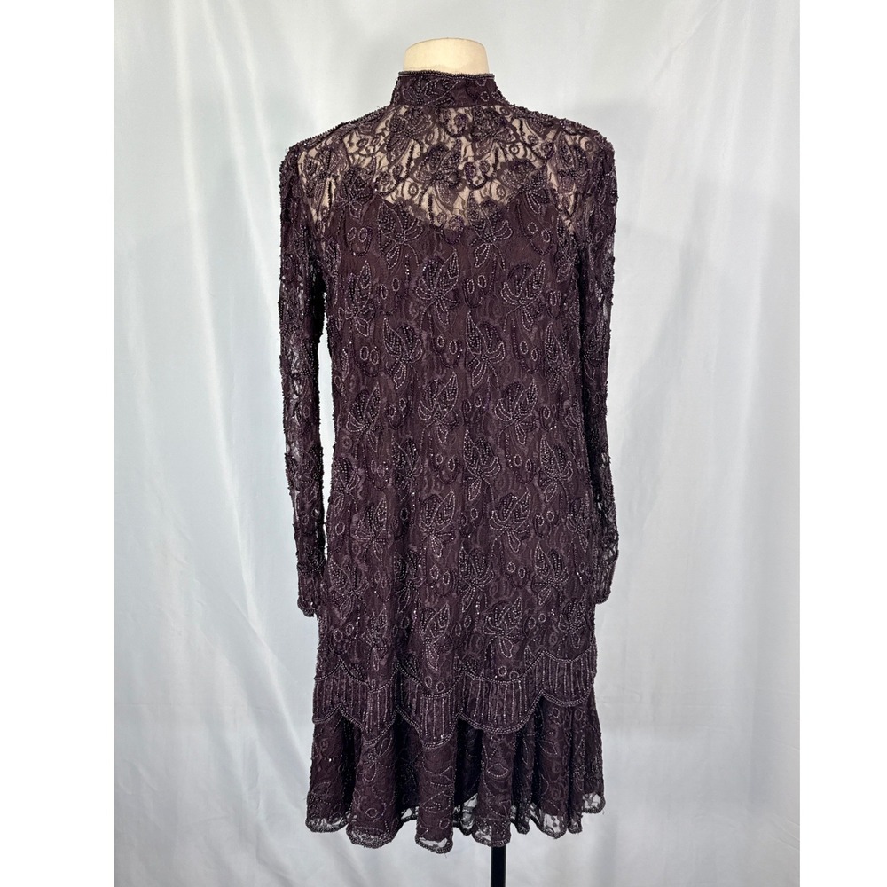Judith Ann Creations Vintage Beaded Lace‎ Mock Neck Midi Formal Dress Purple Med